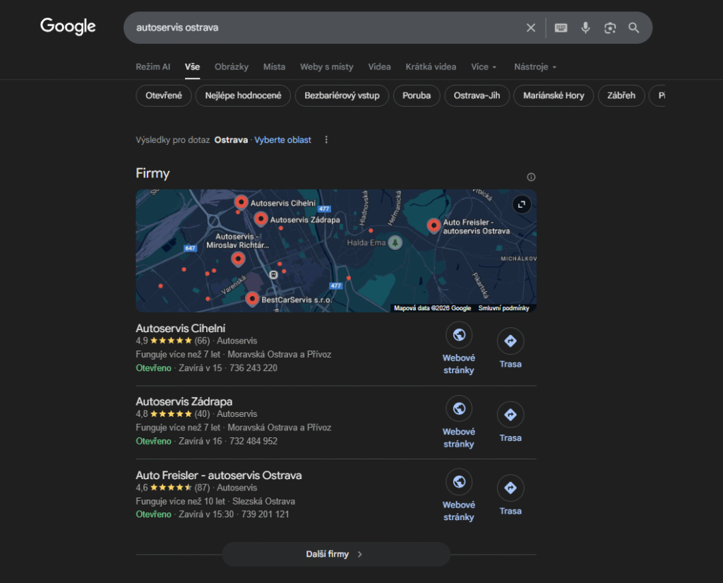 Ukázka local packu při vyhledávání „autoservis ostrava“ na google.